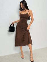 Women's Solid Color Pleated Waist Flared Hem Spaghetti Strap Dress